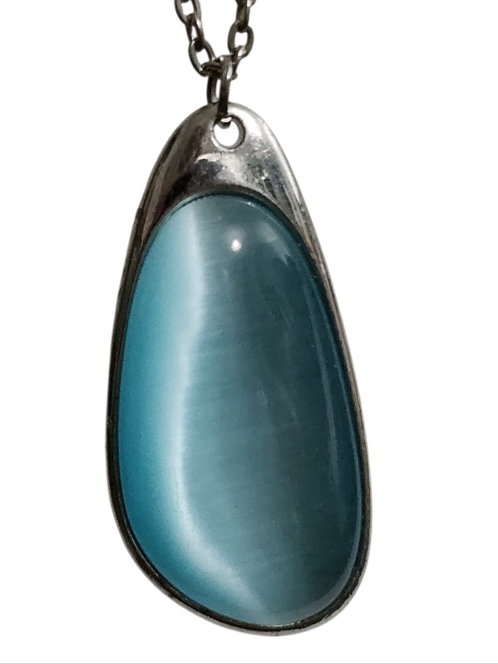 Blue Teardrop Cat's Eye Pendant Necklace Earrings Set